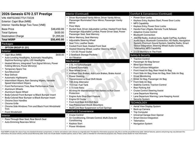2026 Genesis G70 2.5T Prestige