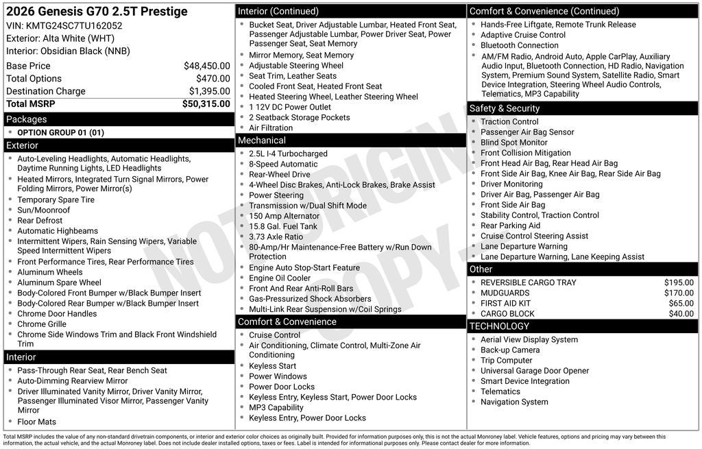 2026 Genesis G70 2.5T Prestige